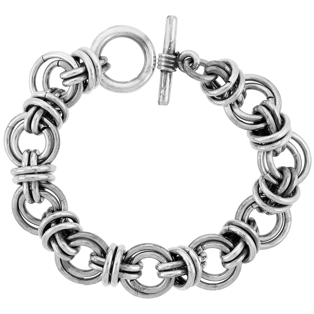 Sterling Silver Double Circles Doughnut Link Bracelet Toggle Clasp Handmade 3/4 inch wide, sizes 8, 8.5 &amp; 9 inch 