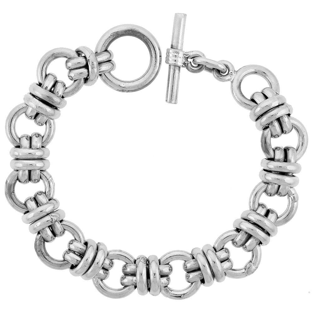 Sterling Silver Doughnut Circles Link Bracelet Toggle Clasp Handmade 5/8 inch wide, sizes 8, 8.5 &amp; 9 inch