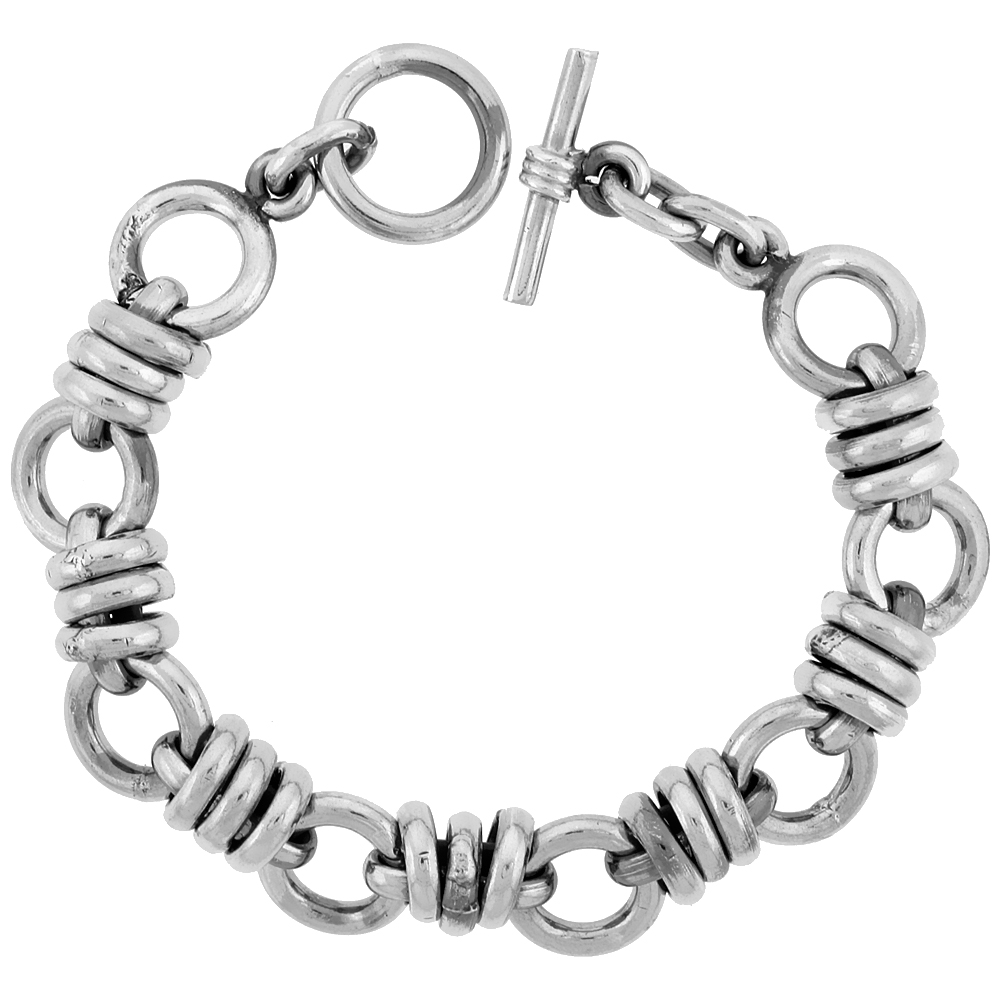 STERLING SILVER DOUGHNUT CIRCLES LINK BRACELET TOGGLE CLASP HANDMADE 1/2 INCH WIDE, SIZES 8, 8.5 & 9 INCH