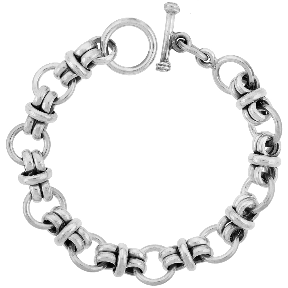 Sterling Silver Circles Link Bracelet Toggle Clasp Handmade 1/2 inch wide, sizes 8, 8.5 &amp; 9 inch 
