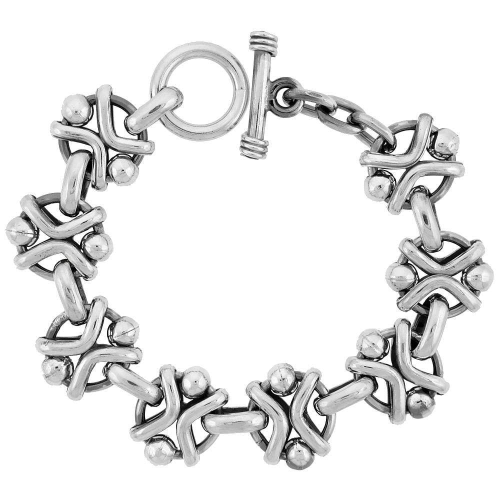 Sterling Silver Beaded Circles Link Bracelet Toggle Clasp Handmade 3/4 inch wide, sizes 8, 8.5 &amp; 9 inch 