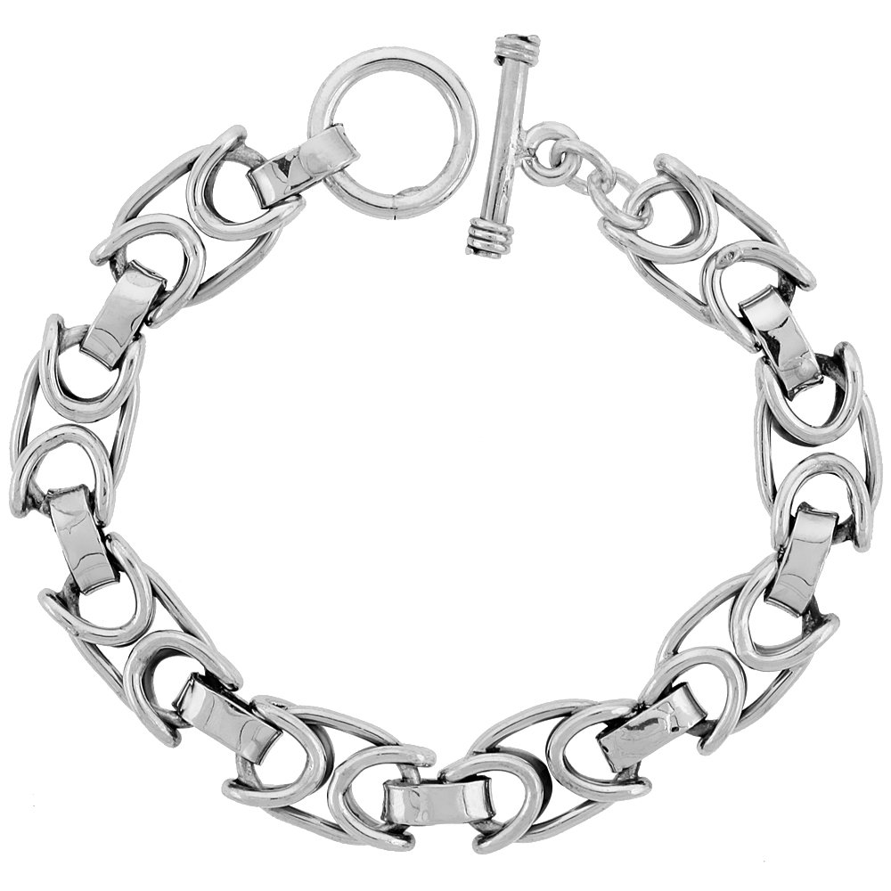 Sterling Silver Oval Link Bracelet Toggle Clasp Handmade 1/2 inch wide, sizes 8, 8.5 &amp; 9 inch 