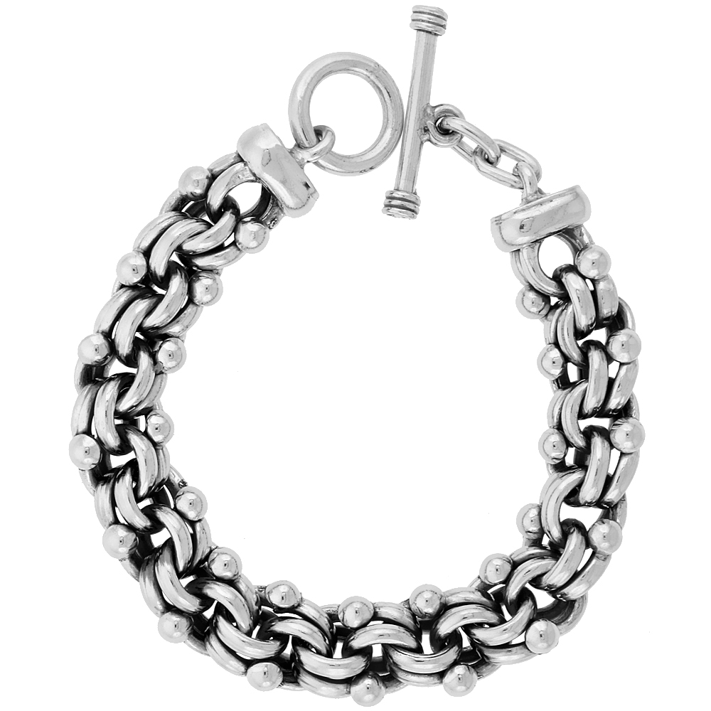 STERLING SILVER BEADED GARIBALDI LINKS BRACELET TOGGLE CLASP HANDMADE 5/8 INCH WIDE, SIZES 8, 8.5 & 9 INCH