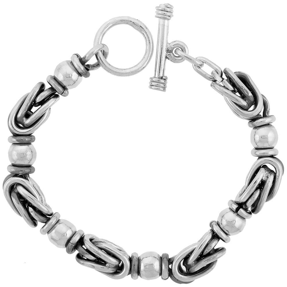 Sterling Silver Beaded Link Bracelet Toggle Clasp Handmade 1/2 inch wide, sizes 8, 8.5 &amp; 9 inch 