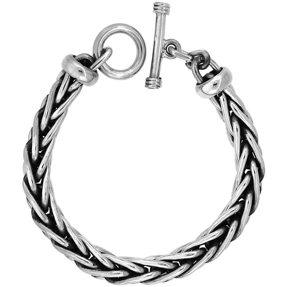 STERLING SILVER HANDMADE WHEAT LINK BRACELET TOGGLE CLASP HANDMADE 1/2 INCH WIDE, SIZES 8, 8.5 & 9 INCH
