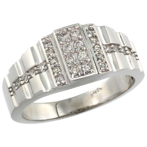 14k White Gold Men&#039;s Striped Diamond Ring, w/ 0.45 Carat Brilliant Cut ( H-I Color; VS2-SI1 Clarity ) Diamonds, 3/8 in. (10mm) wide