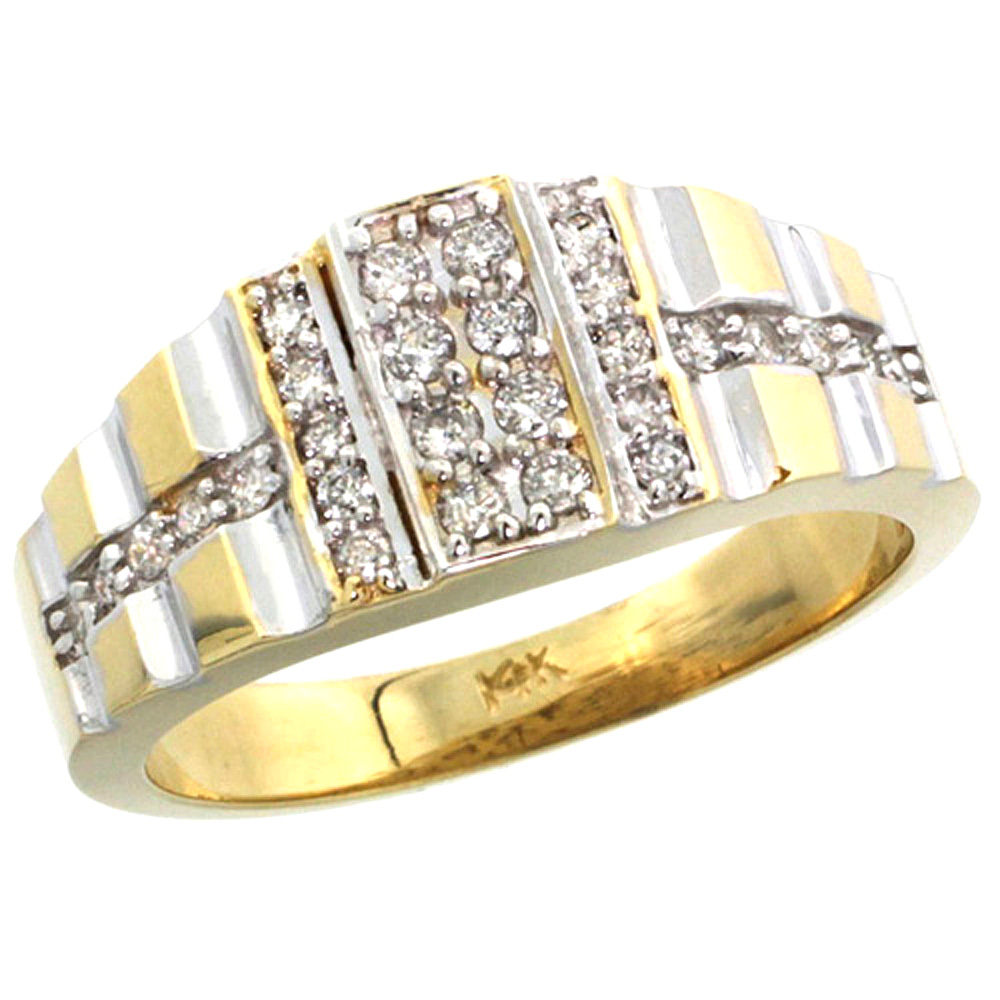 14k Gold Men&#039;s Striped Diamond Ring, w/ 0.45 Carat Brilliant Cut ( H-I Color; VS2-SI1 Clarity ) Diamonds, 3/8 in. (10mm) wide