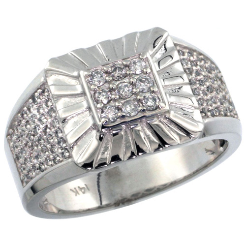 14k White Gold Heavy &amp; Solid Men&#039;s Square Diamond Ring, w/ 0.42 Carat Brilliant Cut ( H-I Color; VS2-SI1 Clarity ) Diamonds, 1/2 in. (13mm) wide