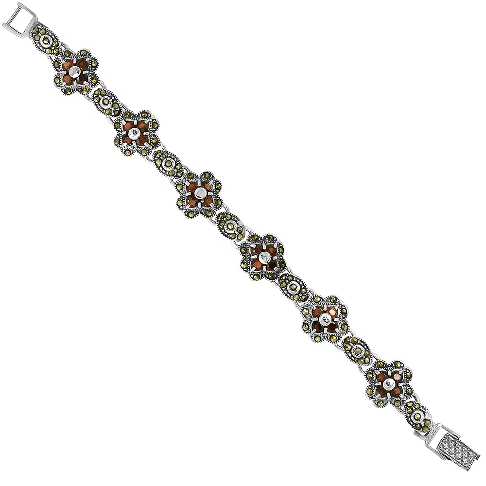 STERLING SILVER CUBIC ZIRCONIA GARNET FLOWER MARCASITE BRACELET 9/16 INCH WIDE, 7 INCH LONG