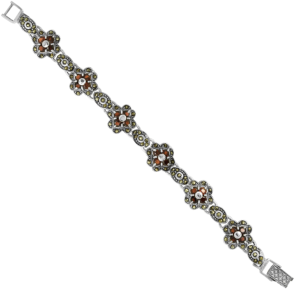 Sterling Silver Cubic Zirconia Garnet Flower Marcasite Bracelet 9/16 inch wide, 7 inch long