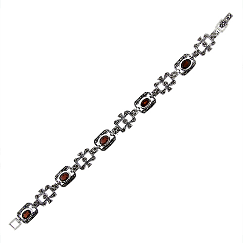 Sterling Silver Cubic Zirconia Garnet Rectangular Marcasite Bracelet 7/16 inch wide, 7 inch long