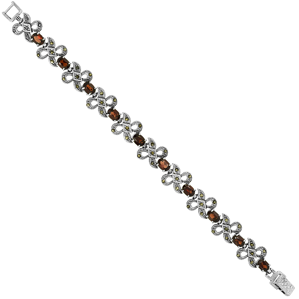 STERLING SILVER CUBIC ZIRCONIA GARNET RIBBON MARCASITE BRACELET 3/8 INCH WIDE, 7 INCH LONG
