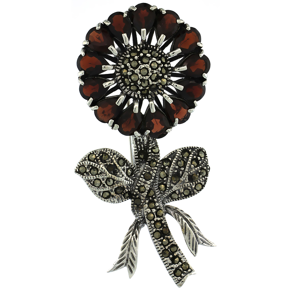 STERLING SILVER MARCASITE LARGE SUNFLOWER BROOCH PIN W/ PEAR CUT GARNET STONES, 2 1/2 INCH (62 MM) TALL