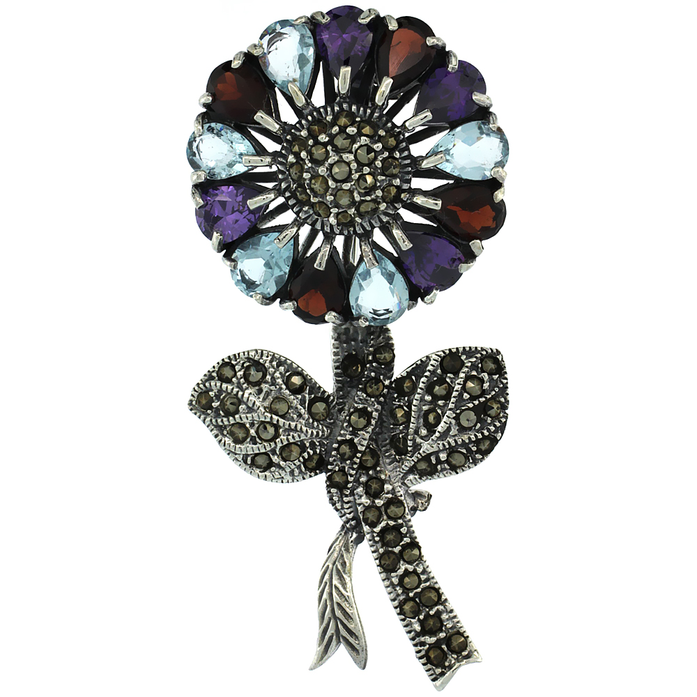 STERLING SILVER MARCASITE LARGE SUNFLOWER BROOCH PIN W/ PEAR CUT GARNET, AMETHYST & BLUE TOPAZ STONES, 2 1/2 INCH (62 MM) TALL
