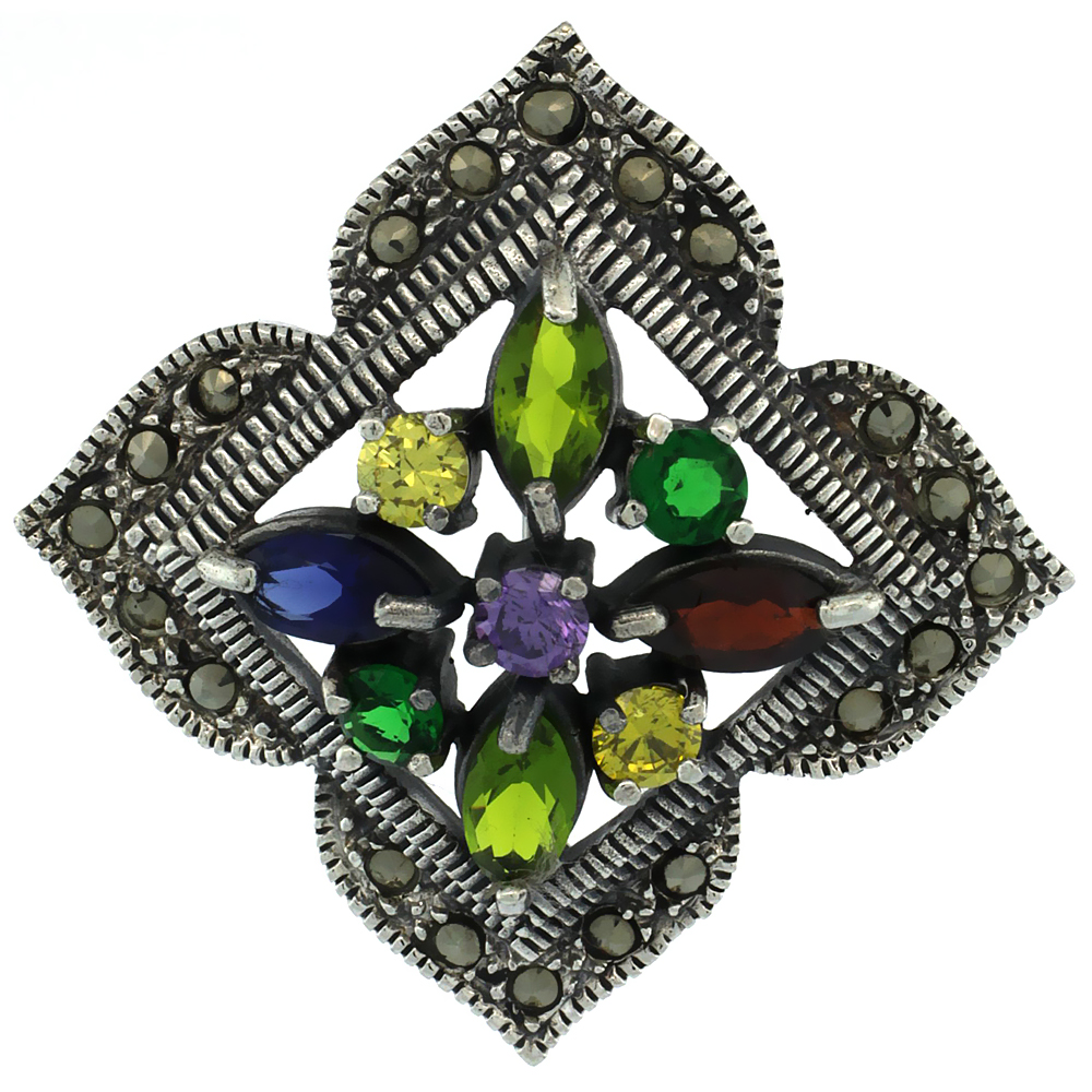 STERLING SILVER MARCASITE CLOVER BROOCH PIN W/ ROUND & MARQUISE CUT MULTI COLORED STONES, 1 1/2 INCH (38 MM) TALL