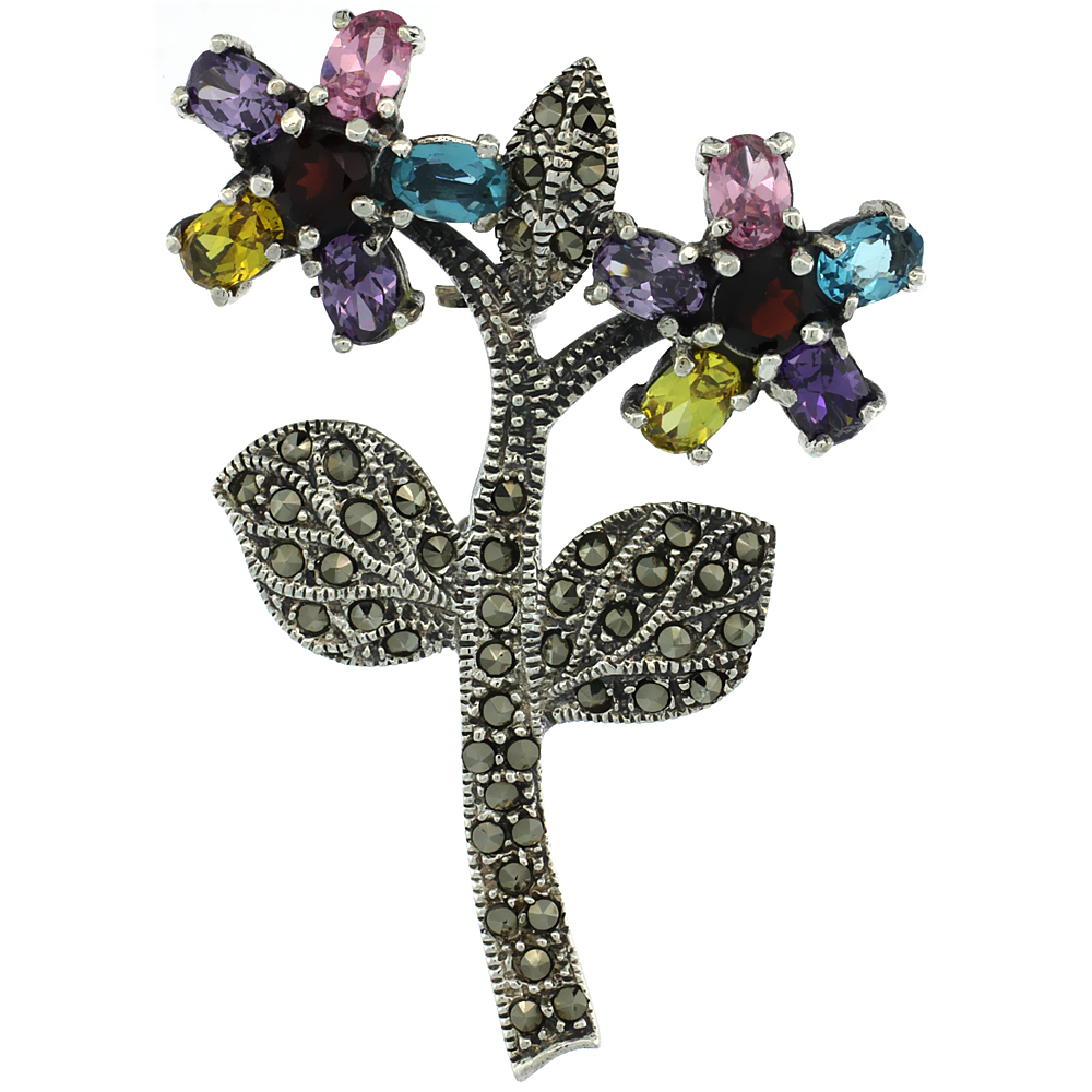 STERLING SILVER MARCASITE DOUBLE FLOWER BROOCH PIN W/ ROUND & OVAL CUT MULTI COLOR STONES, 2 3/16 INCH (55 MM) TALL
