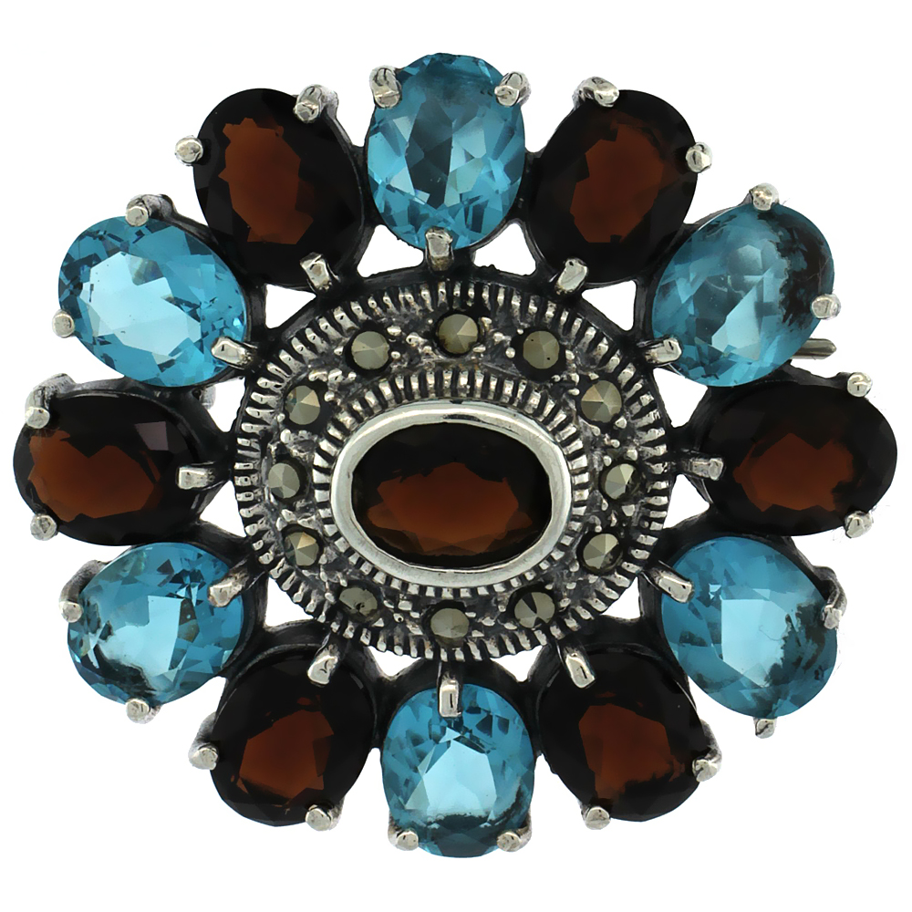 STERLING SILVER MARCASITE LARGE FLOWER BROOCH PIN W/ OVAL CUT GARNET & BLUE TOPAZ STONES, 1 1/2 INCH (40 MM)