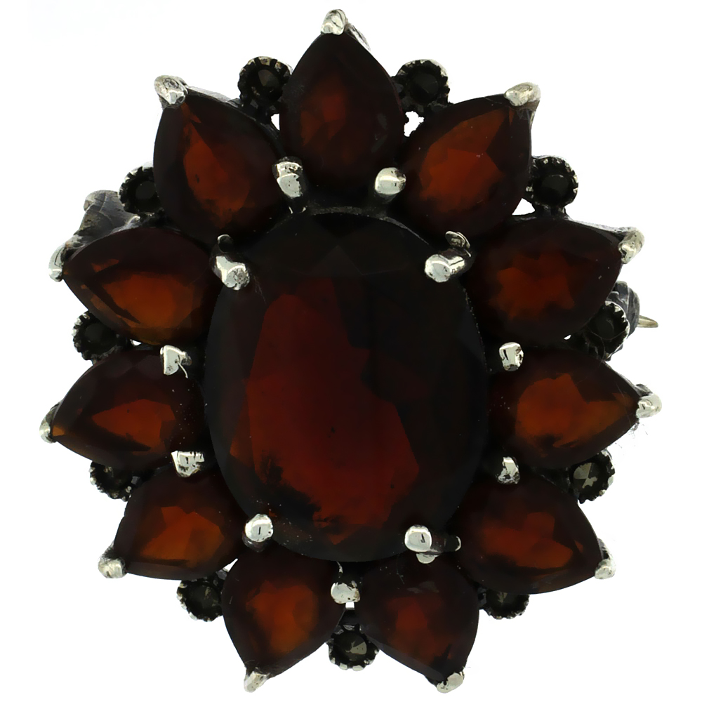 STERLING SILVER MARCASITE LARGE FLOWER BROOCH PIN W/ OVAL & PEAR CUT GARNET STONES, 1 1/2 INCH (40 MM)