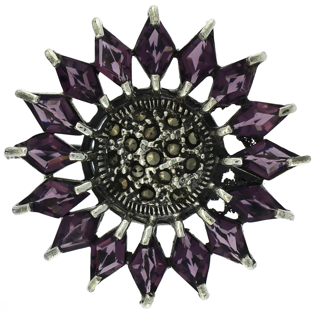 STERLING SILVER MARCASITE FLOWER BROOCH PIN W/ DIAMOND SHAPE AMETHYST STONES, 1 1/2 INCH (38 MM)