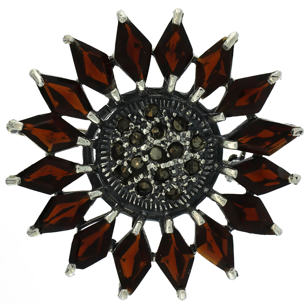 STERLING SILVER MARCASITE FLOWER BROOCH PIN W/ DIAMOND SHAPE GARNET STONES, 1 1/2 INCH (38 MM)