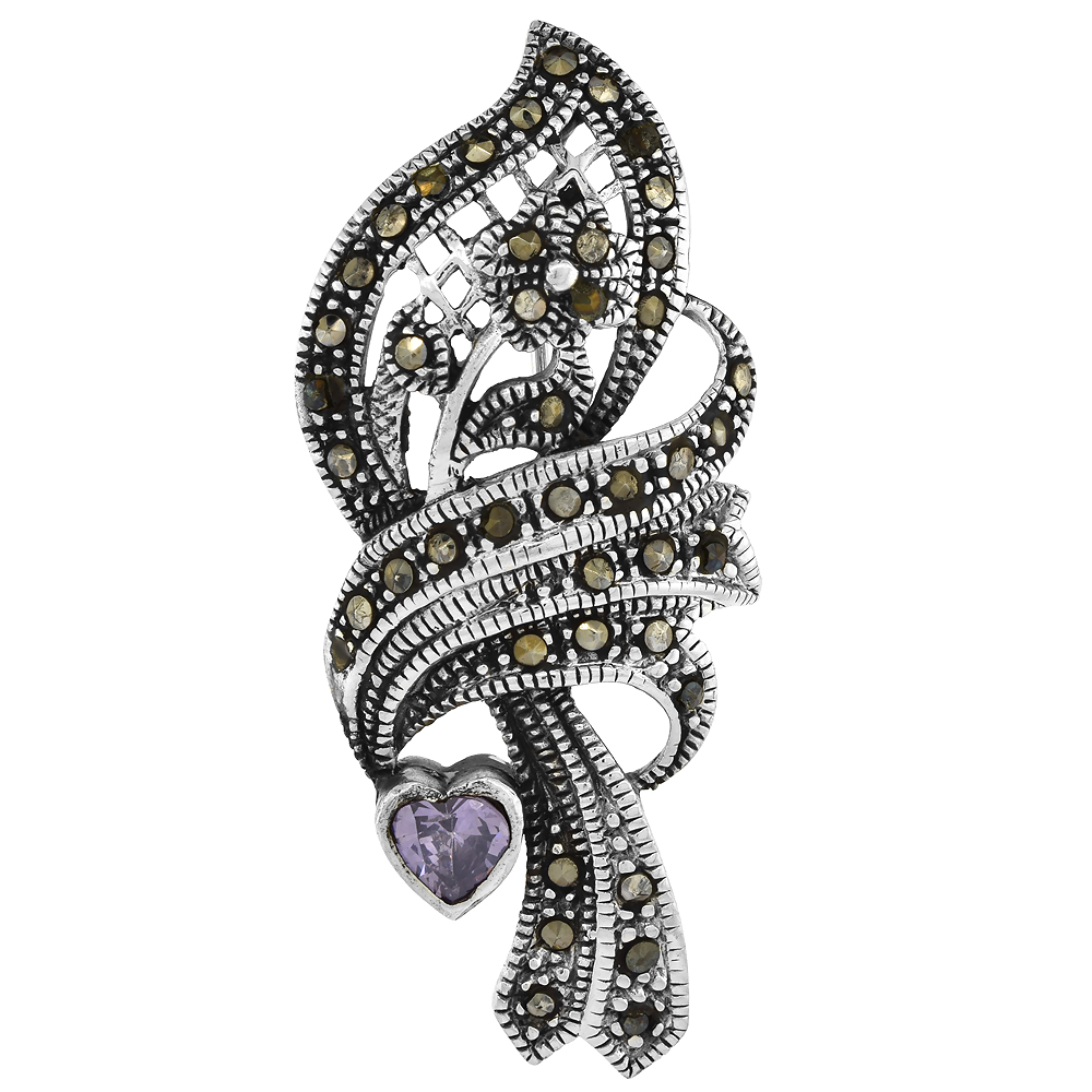STERLING SILVER MARCASITE FLORAL BROOCH PIN PURPLE HEART CUBIC ZIRCONIA, 15/16 INCH WIDE