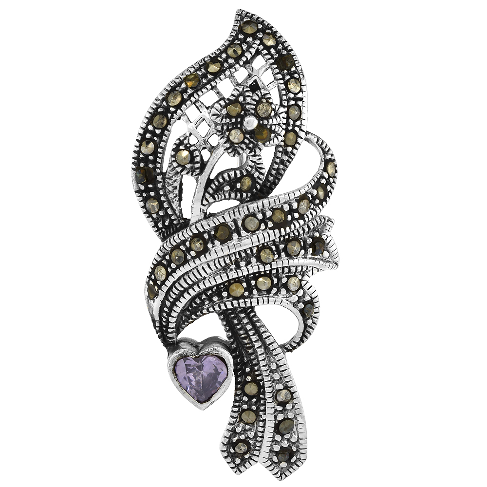 Sterling Silver Marcasite Floral Brooch Pin Purple Heart Cubic Zirconia, 15/16 inch wide