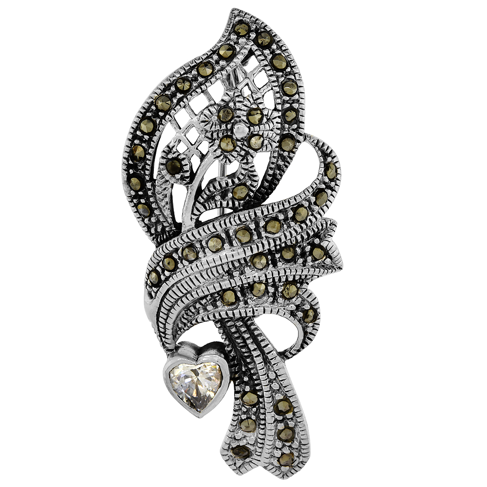 Sterling Silver Marcasite Floral Brooch Pin Colorless Heart Cubic Zirconia, 15/16 inch wide