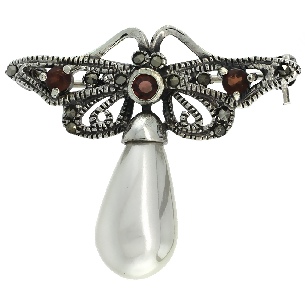 STERLING SILVER MARCASITE BUTTERFLY BROOCH PIN W/ ROUND GARNET STONES & FAUX PEARL, 1 1/4 INCH (31 MM) TALL