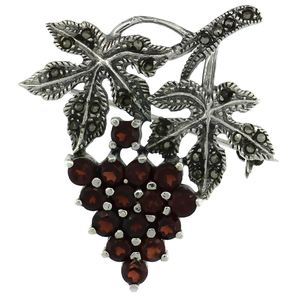 STERLING SILVER MARCASITE GRAPE CLUSTER BROOCH PIN W/ ROUND GARNET STONES, 1 1/2 INCH (40 MM) TALL