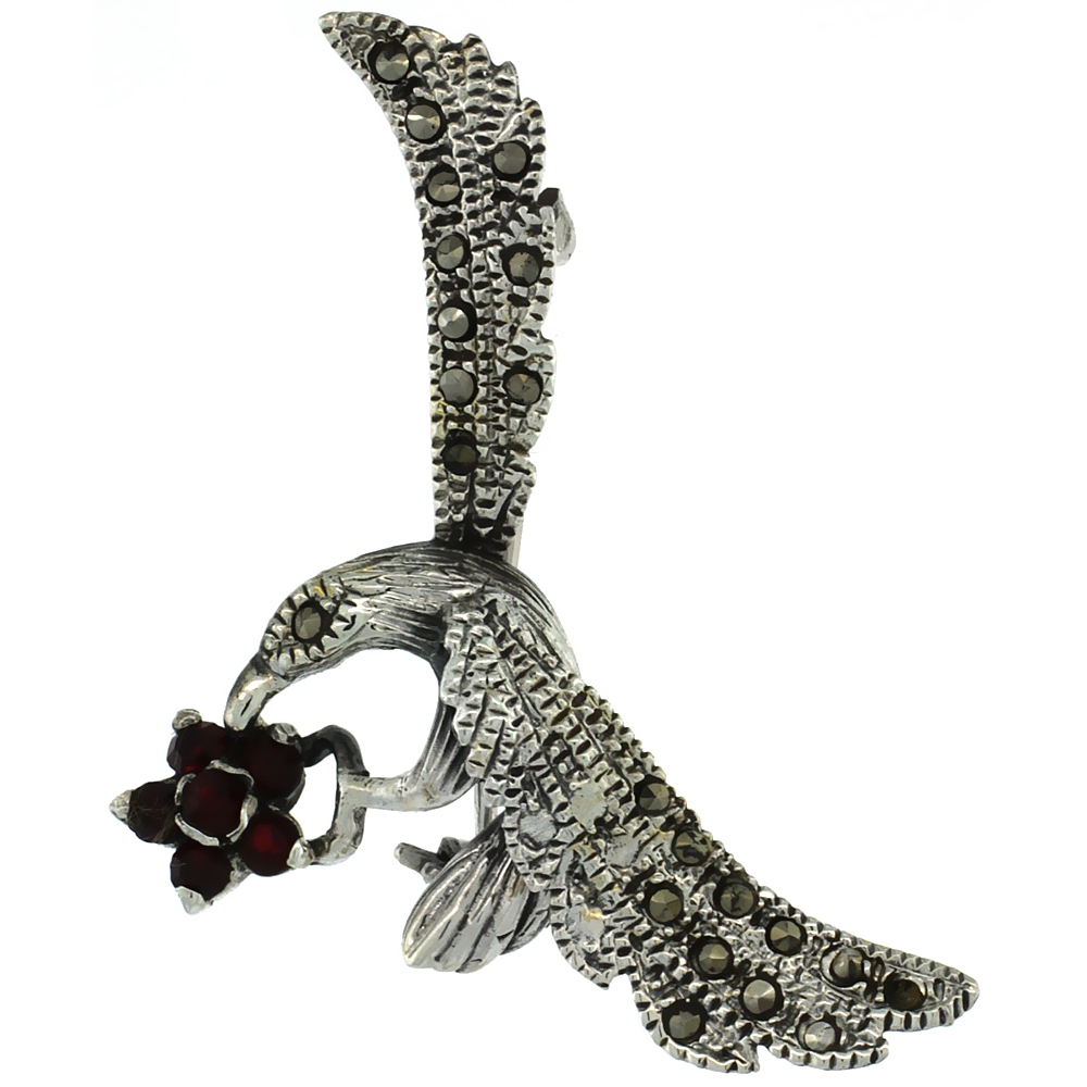 STERLING SILVER MARCASITE HUMMINGBIRD BROOCH PIN W/ ROUND GARNET STONES, 1 3/4 INCH