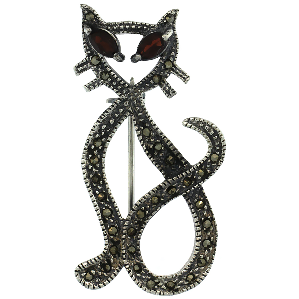STERLING SILVER MARCASITE CUT-OUT CAT BROOCH PIN W/ MARQUISE CUT GARNET STONES, 1 3/4 INCH (46 MM) TALL