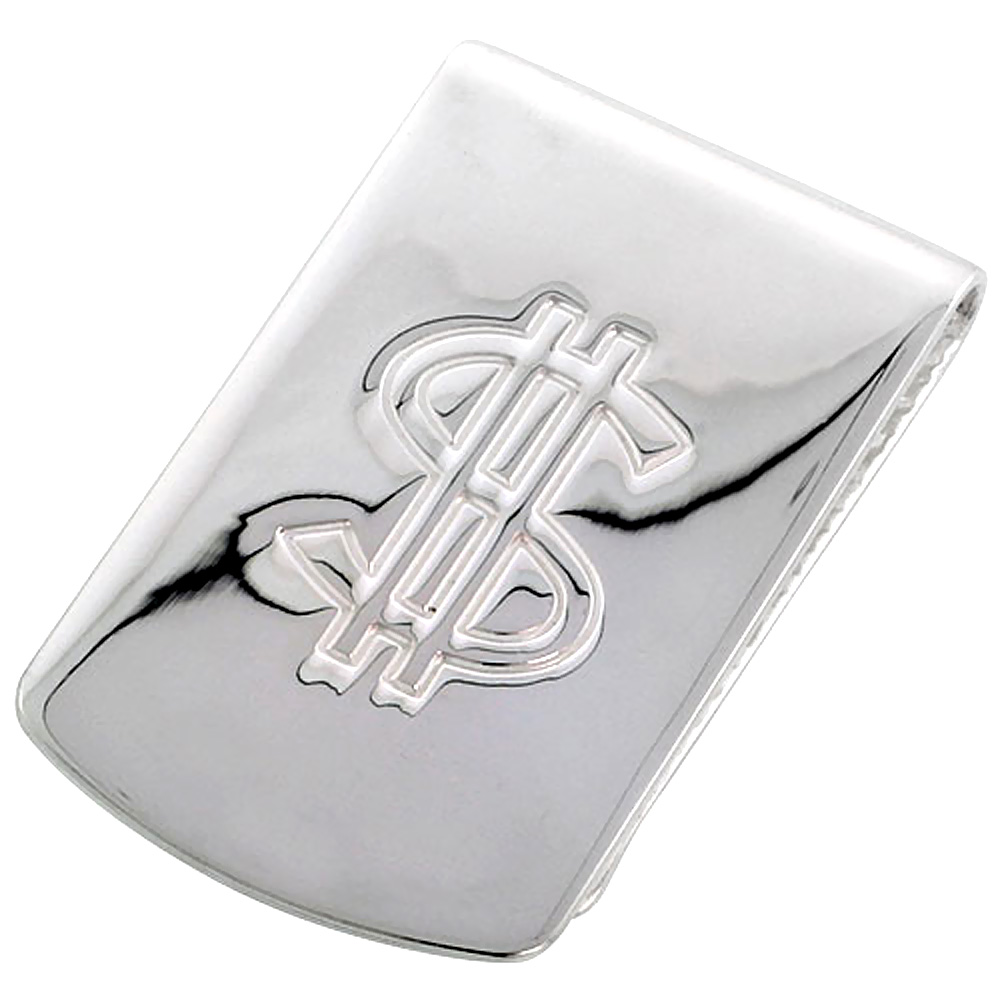 STERLING SILVER MONEY CLIP DOLLAR SIGN EMBOSSED WIDE ITALY, 1 X 1 3/4 INCH