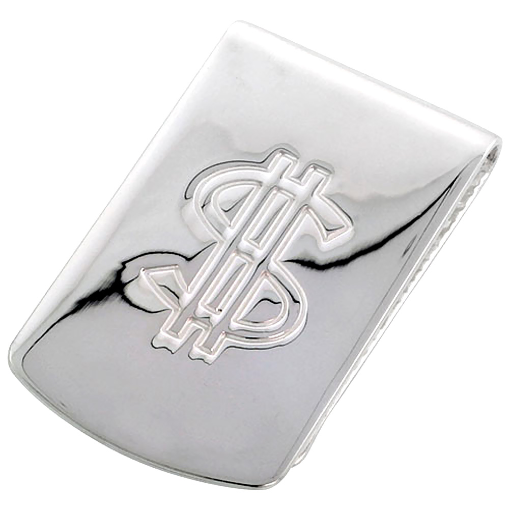 Sterling Silver Money Clip Dollar Sign Embossed Wide Italy, 1 X 1 3/4 inch