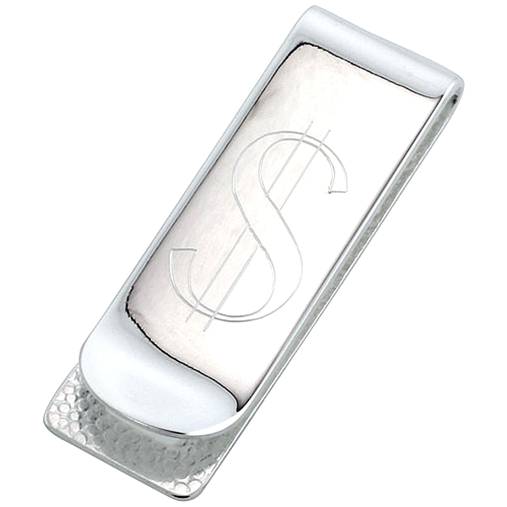 STERLING SILVER MONEY CLIP DOLLAR SIGN ENGRAVED NARROW ITALY, 3/4 X 2 1/4 INCH