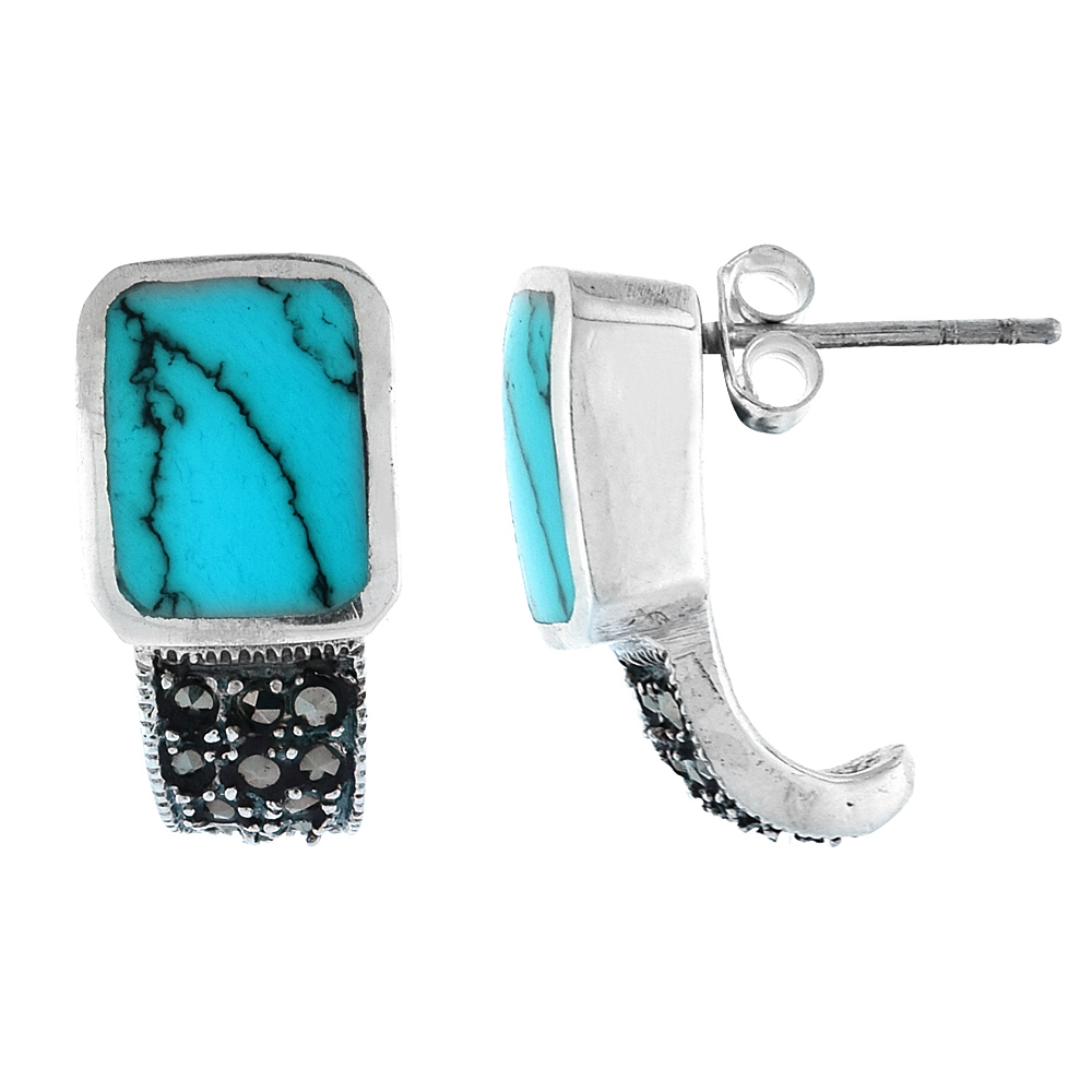 Sterling Silver Rectangular Turquoise Marcasite Earrings, 3/4 inch long