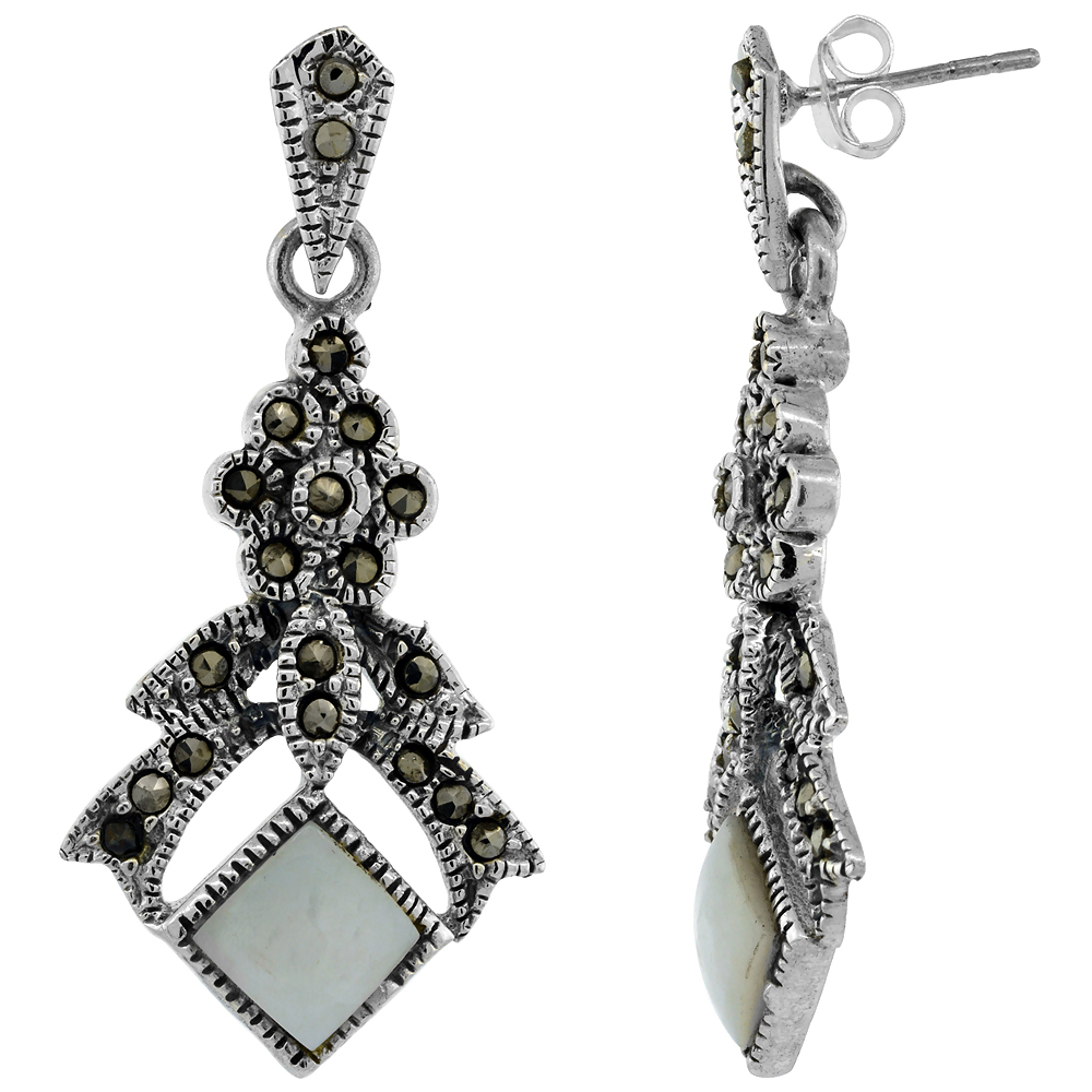 Sterling Silver Square Mother of Pearl Marcasite Dangle Earrings, 1 11/16 inch long