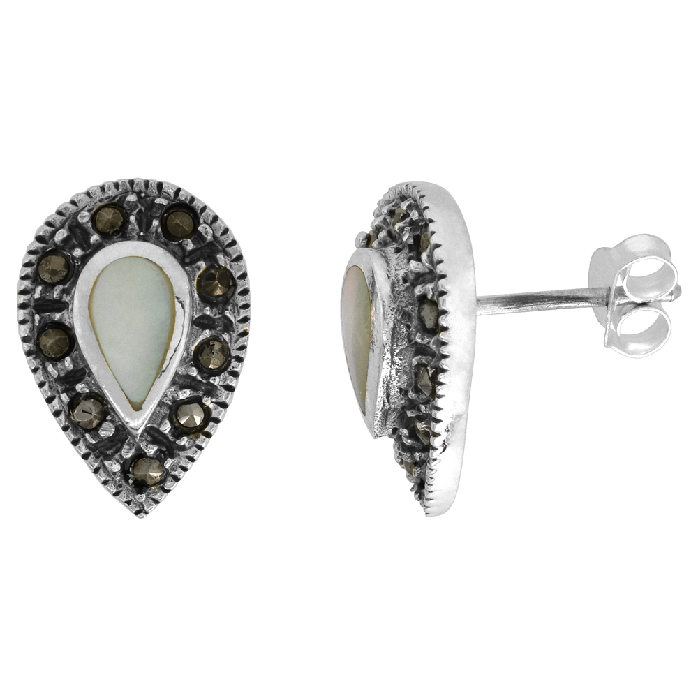 Sterling Silver White Mother of Pearl Marcasite Earrings Pear shape, 7/16 inch wide