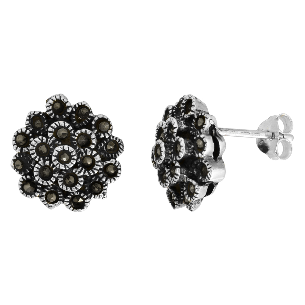 STERLING SILVER FLOWER MARCASITE STUD EARRINGS, 9/16 INCH WIDE