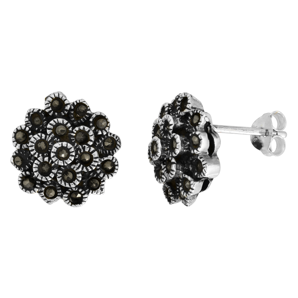 Sterling Silver Flower Marcasite Stud Earrings, 9/16 inch wide
