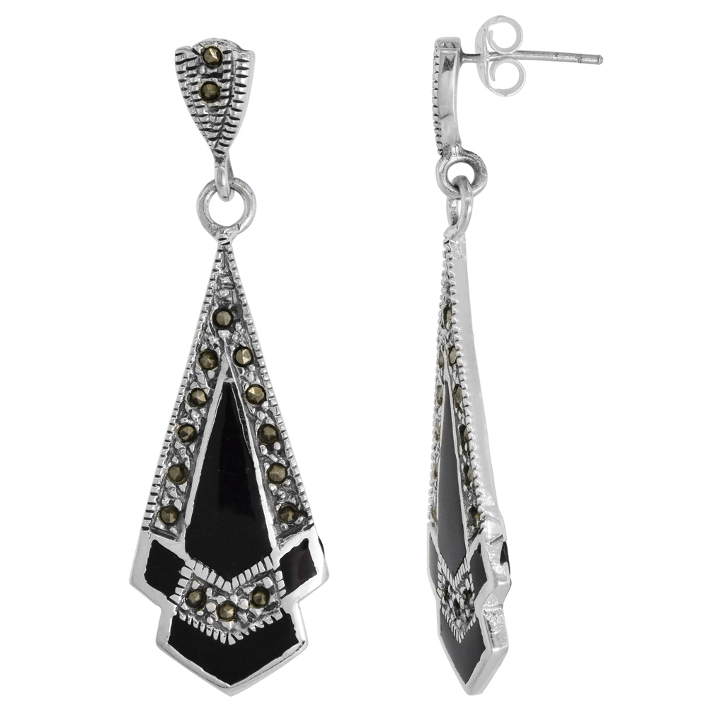 Sterling Silver Black Onyx Marcasite Dangle Earrings Triangular, 9/16 inch wide
