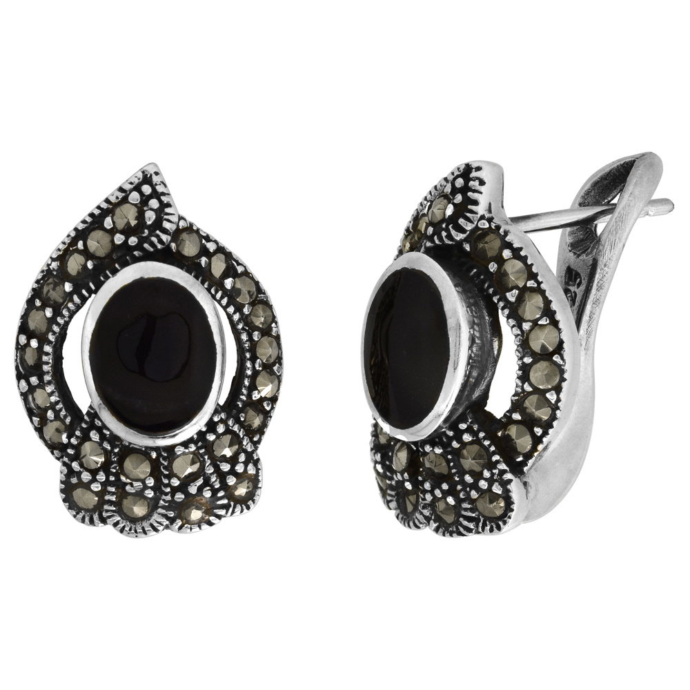 Sterling Silver Black Onyx Marcasite Clip Earrings Teardrop, 1/2 inch wide