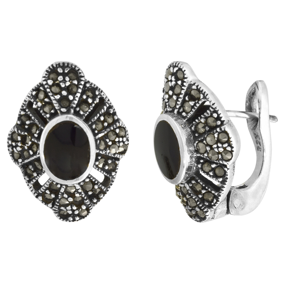 Sterling Silver Black Onyx Marcasite Clip Earrings Teardrop, 5/8 inch wide