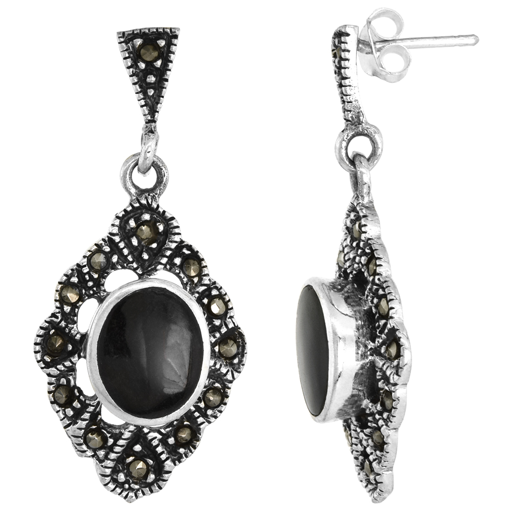 Diamond Shape Sterling Silver Marcasite Oval Black Onyx Dangle Earrings 15/16 inch long