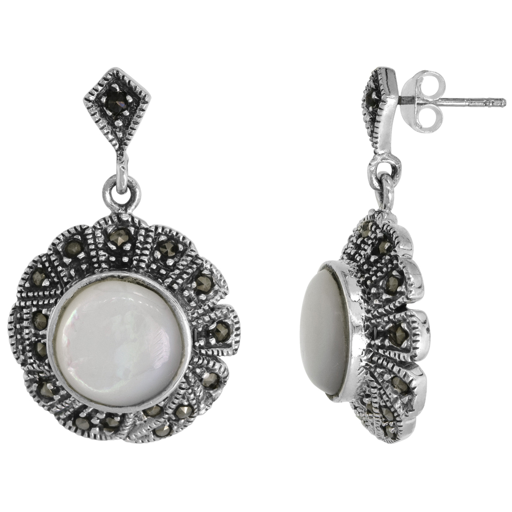 Sterling Silver White Mother of Pearl Marcasite Dangle Earrings Round, 13/16 inch wide