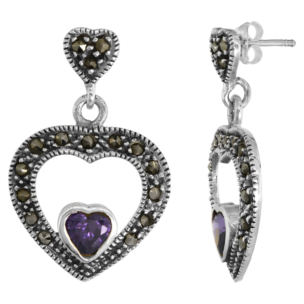 Sterling Silver Floating Purple Cubic Zirconia Cut-out Heart Marcasite Dangle Earrings, 13/16 inch wide