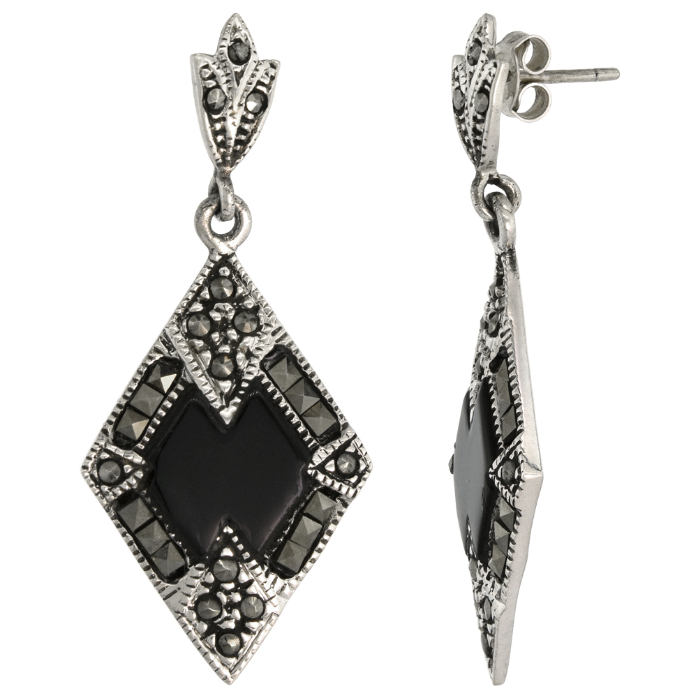 Sterling Silver Black Onyx Marcasite Dangle Earrings Rhombic, 3/4 inch wide
