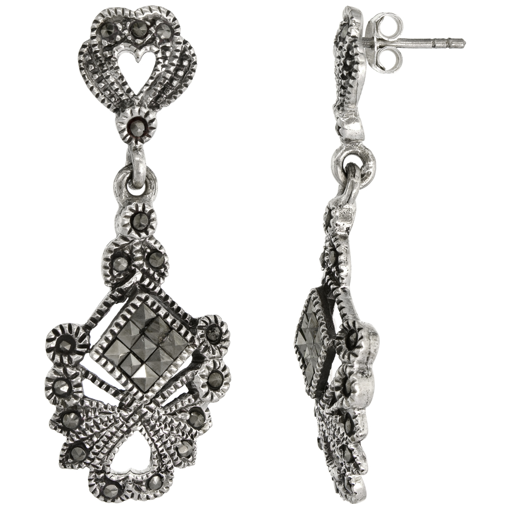 Sterling Silver Chandelier Marcasite Earrings Heart Post, 5/8 inch wide