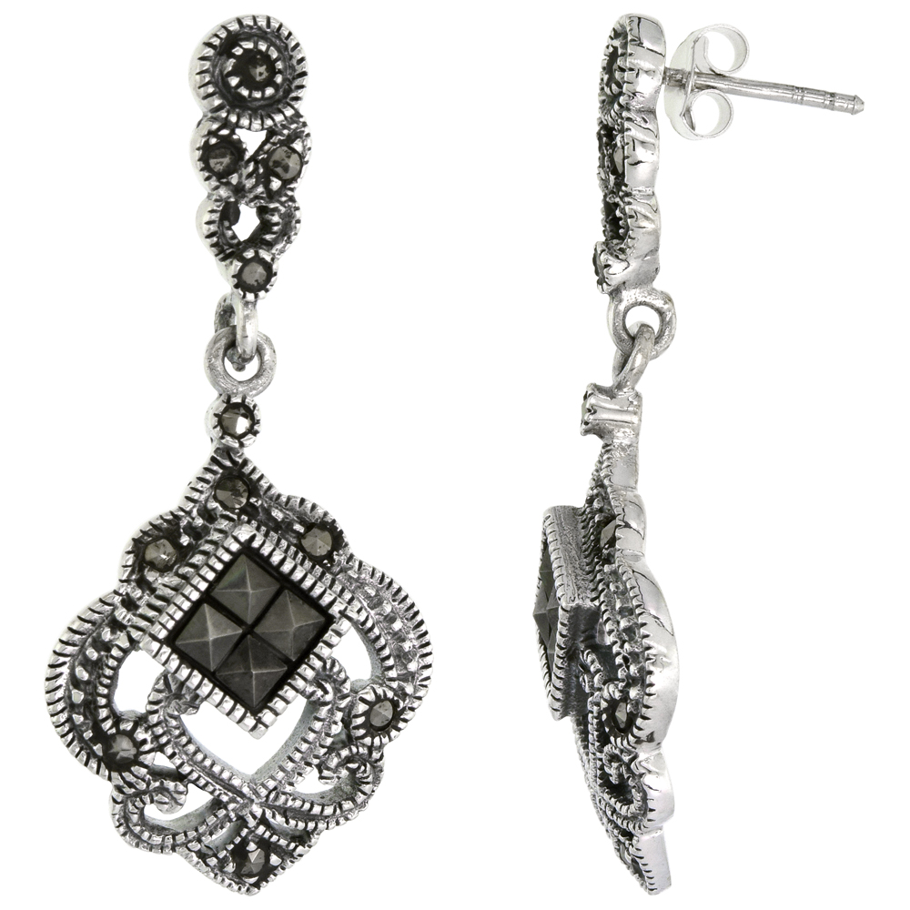 Sterling Silver Floral Chandelier Marcasite Earrings, 3/4 inch wide
