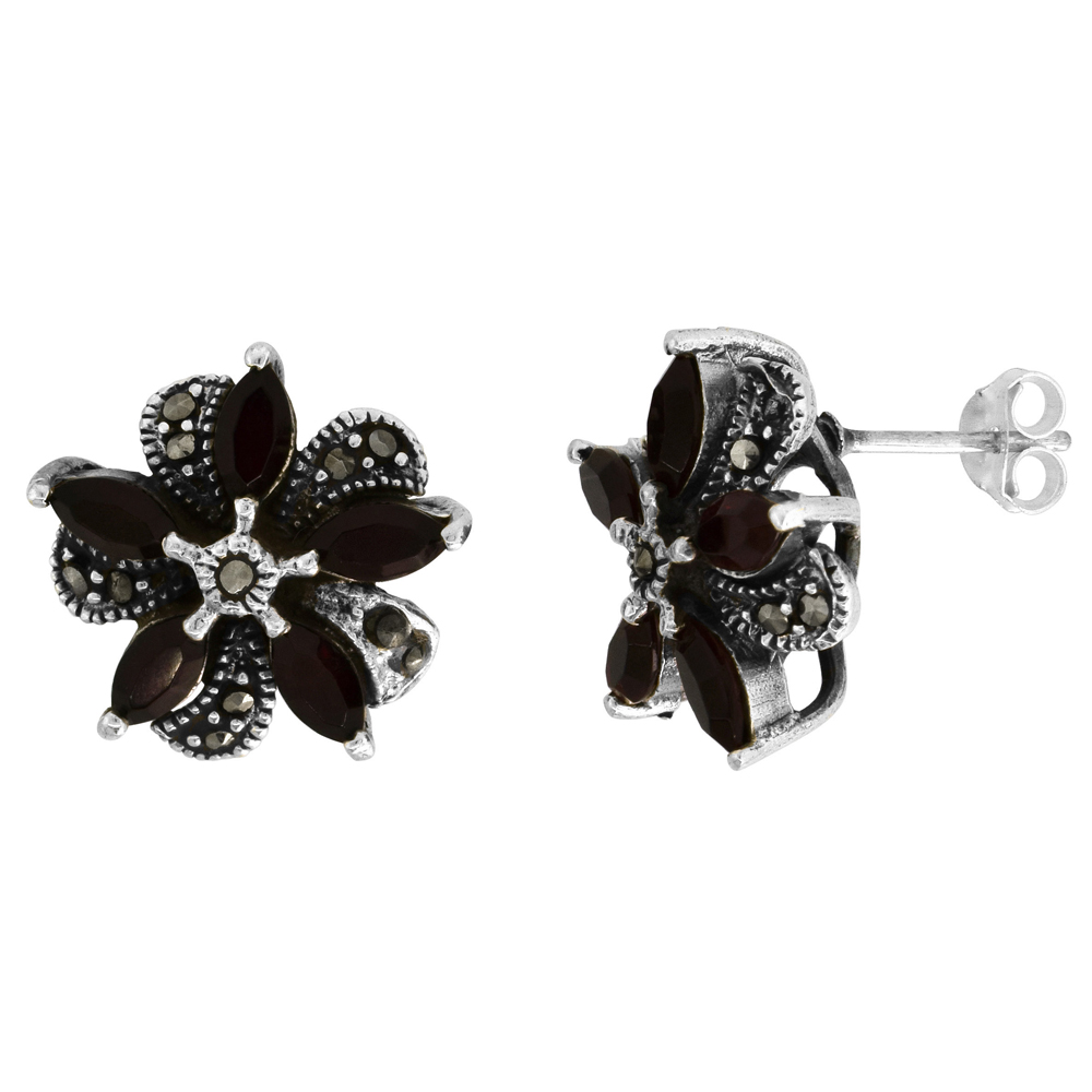 Sterling Silver Red Cubic Zirconia Marcasite Floral Earrings, 11/16 inch wide