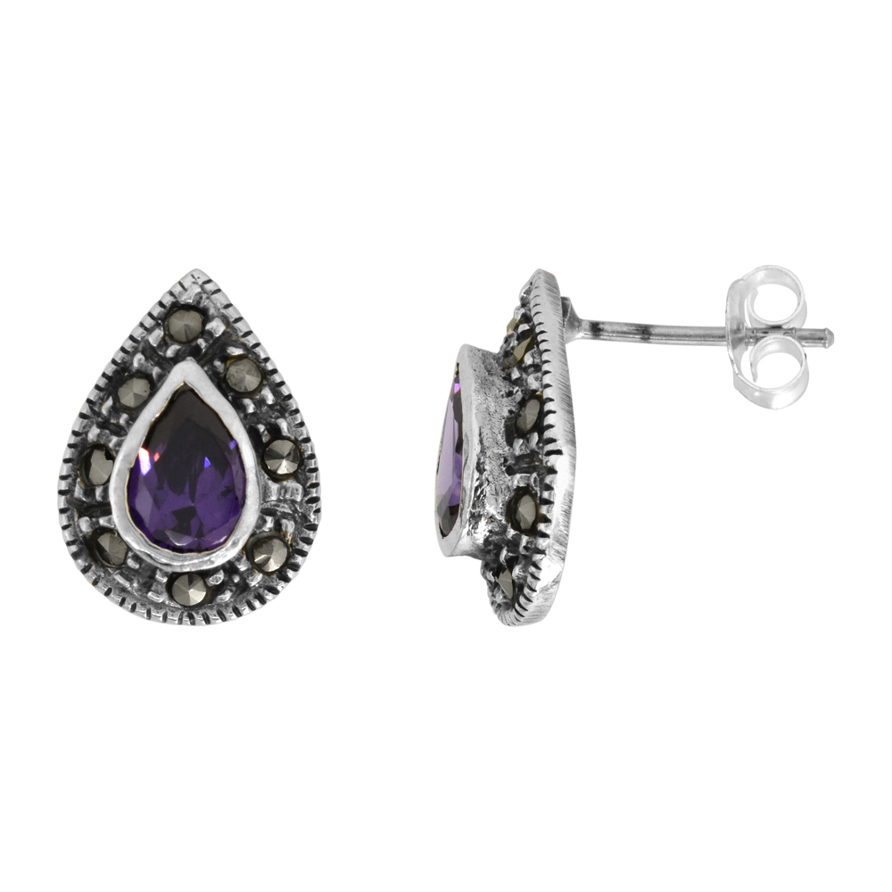 Sterling Silver Purple Cubic Zirconia Marcasite Earrings Pear Shape, 7/16 inch wide